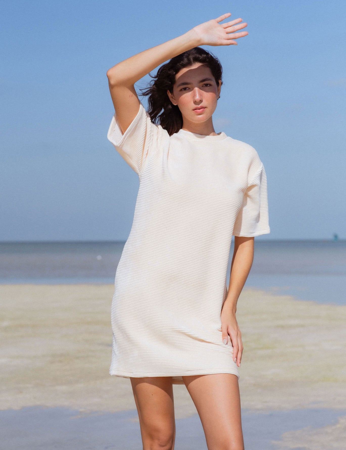 Mykonos Dress in Off-White (Linen) velvet rib mini dress - MAS Montréal