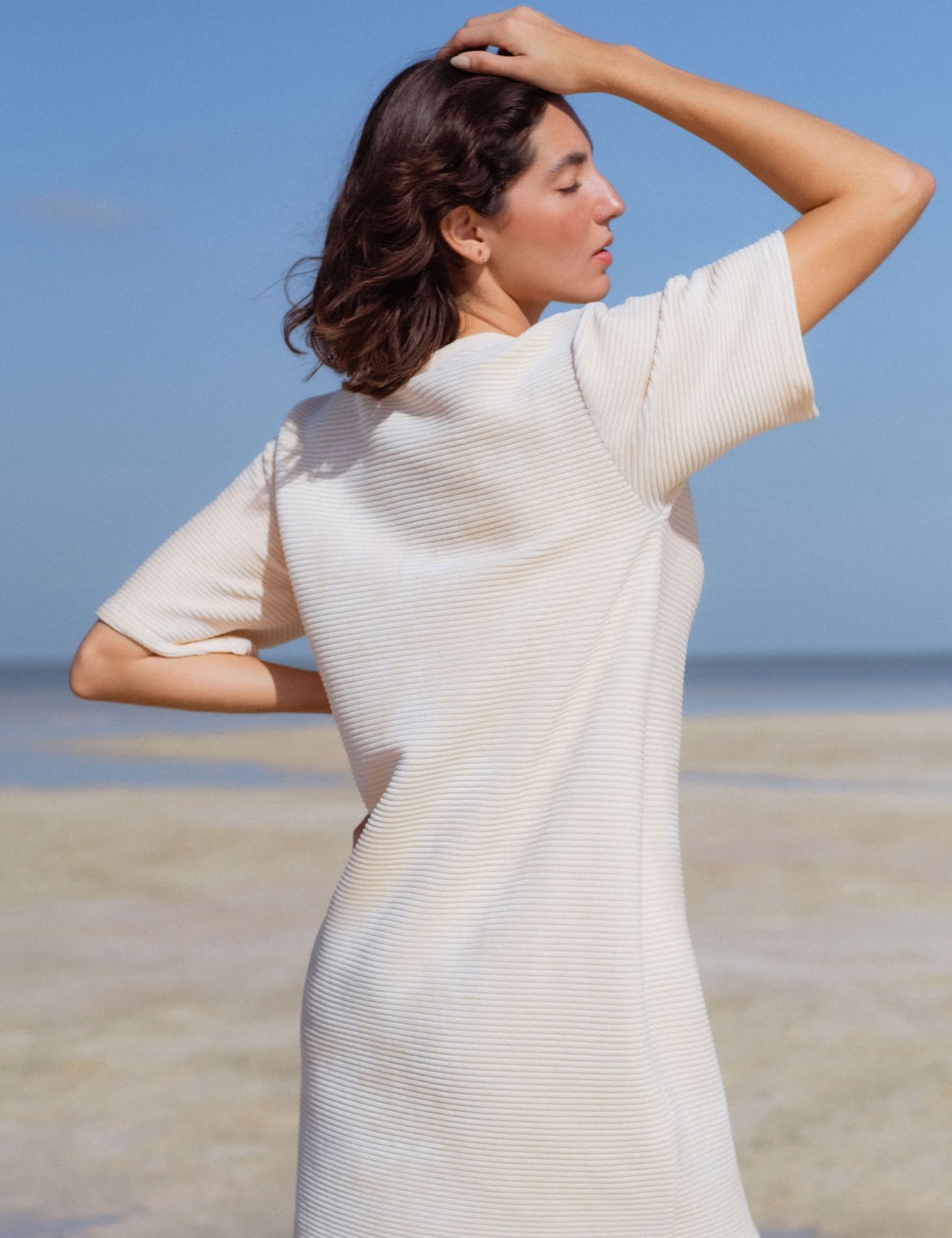 Mykonos Dress in Off-White (Linen) velvet rib mini dress, side view - MAS Montréal