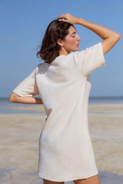 Mykonos Dress in Off-White (Linen) velvet rib mini dress, side view - MAS Montréal