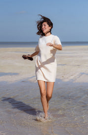 Mykonos Dress in Off-White (Linen) velvet rib mini dress, detail - MAS Montréal