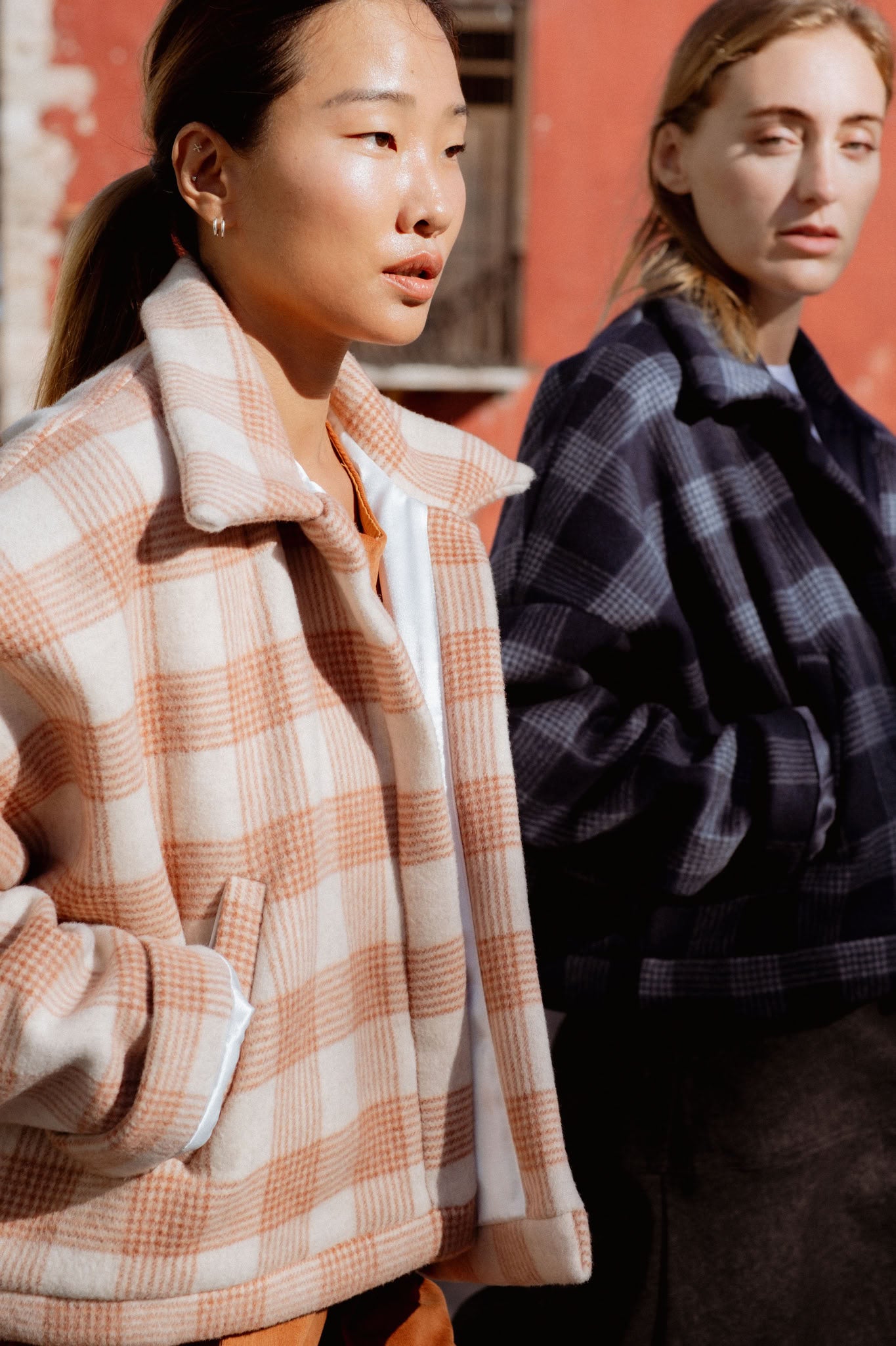 Avalon Coat in Beige (Sand) oversized plaid melton coat, detail - MAS Montréal
