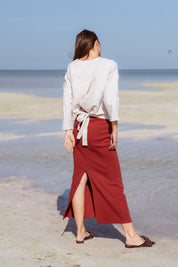 Arden Blouse in Off-White (Linen) linen-cotton wrap blouse, side view - MAS Montréal