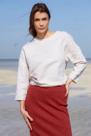 Arden Blouse in Off-White (Linen) linen-cotton wrap blouse, detail - MAS Montréal