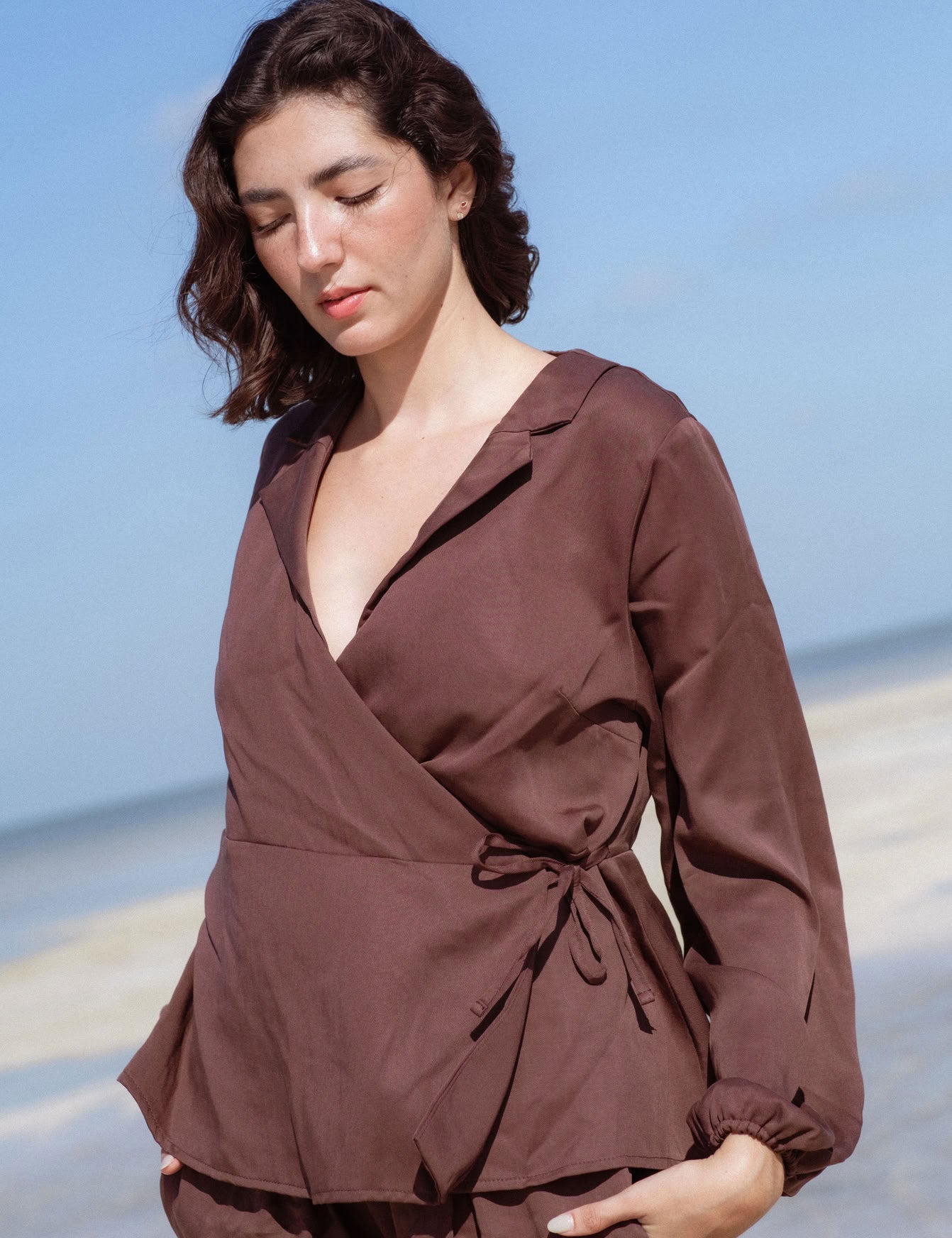Skelling Blouse in Brown (Bark) wrap-front lyocell blouse - MAS Montréal