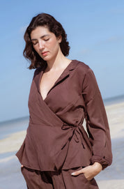 Skelling Blouse in Brown (Bark) wrap-front lyocell blouse - MAS Montréal