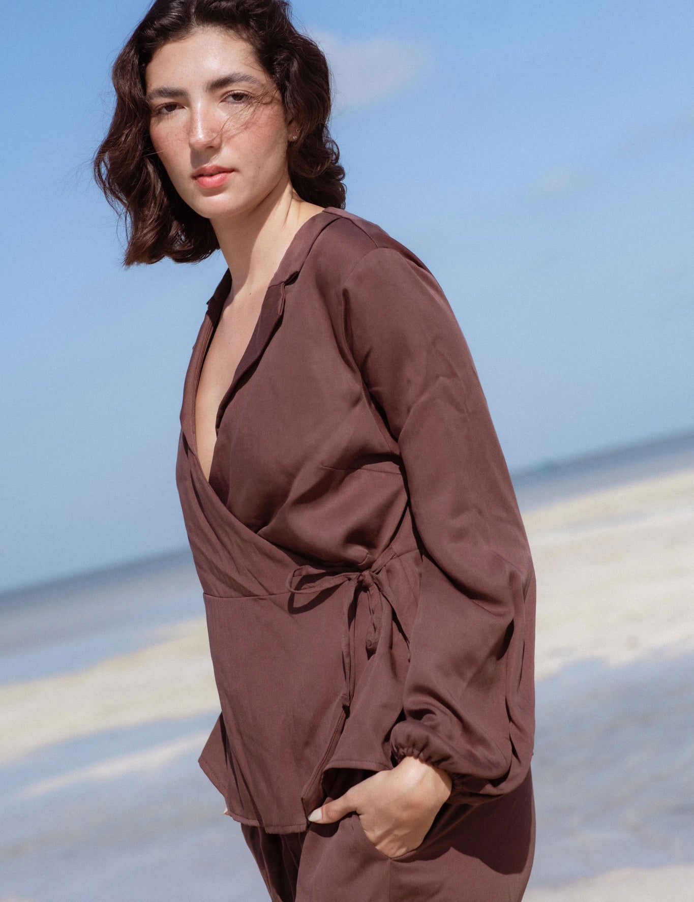 Skelling Blouse in Brown (Bark) wrap-front lyocell blouse, side view - MAS Montréal