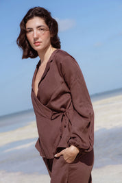 Skelling Blouse in Brown (Bark) wrap-front lyocell blouse, side view - MAS Montréal