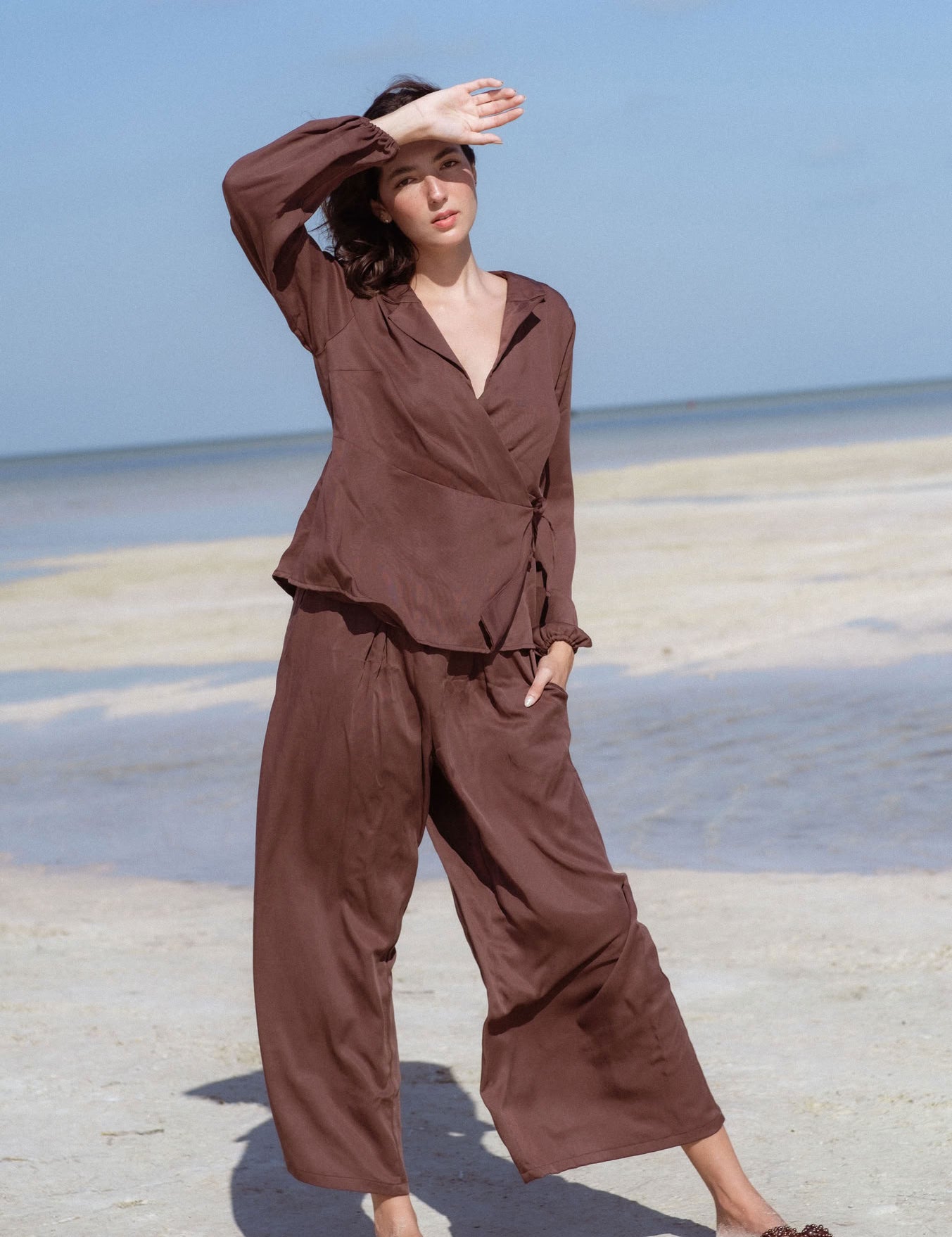 Siena Pants in Brown (Bark) wide leg lyocell pants - MAS Montréal