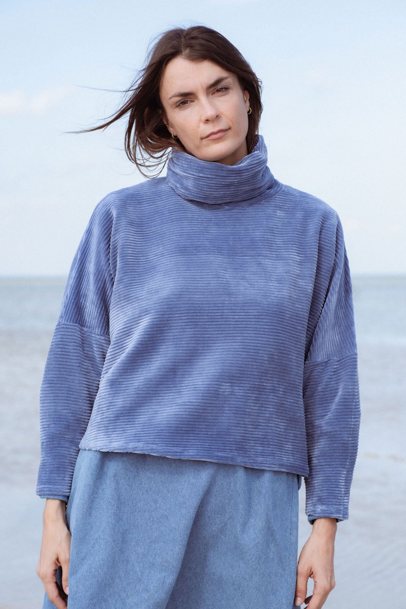 Byron Sweater in Teal Blue (Caspian) oversized velvet rib turtleneck - MAS Montréal