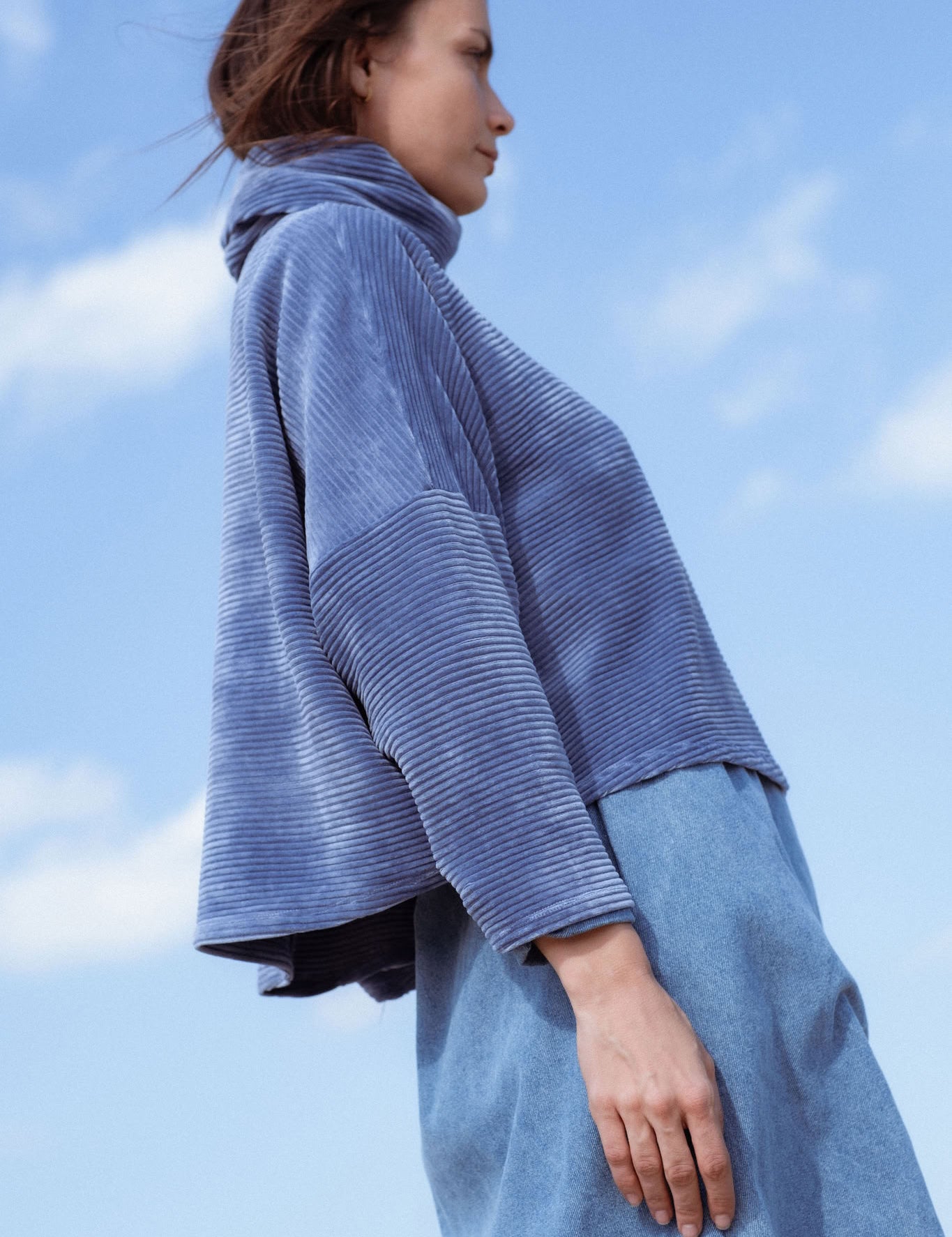 Byron Sweater in Teal Blue (Caspian) oversized velvet rib turtleneck, back view - MAS Montréal