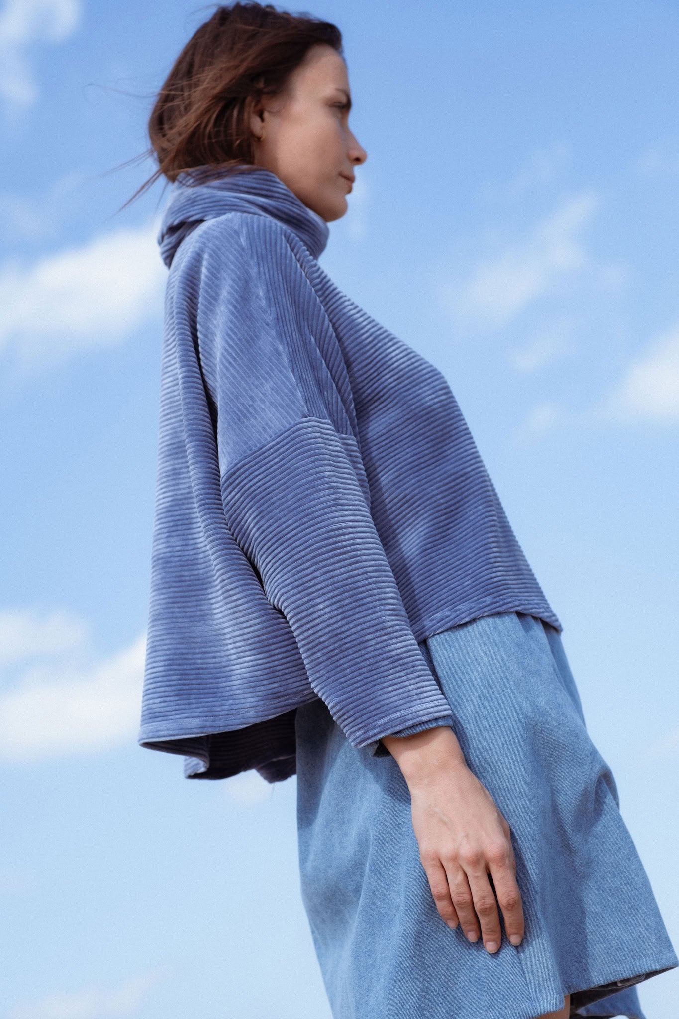 Byron Sweater in Teal Blue (Caspian) oversized velvet rib turtleneck, back view - MAS Montréal