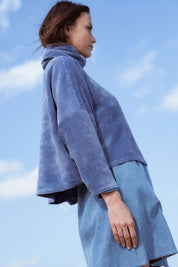 Byron Sweater in Teal Blue (Caspian) oversized velvet rib turtleneck, back view - MAS Montréal