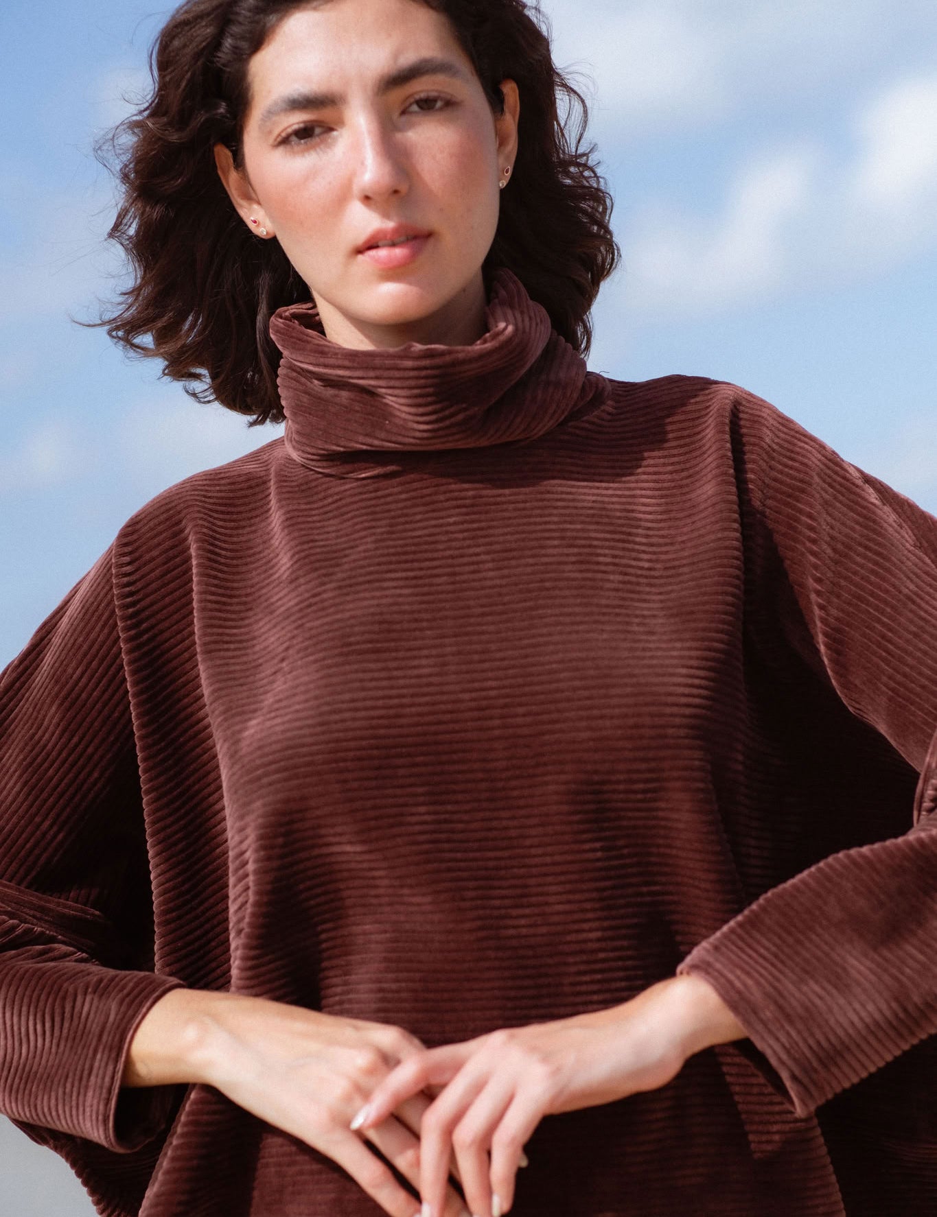 Byron Sweater in Brown (Bark) oversized velvet rib turtleneck - MAS Montréal
