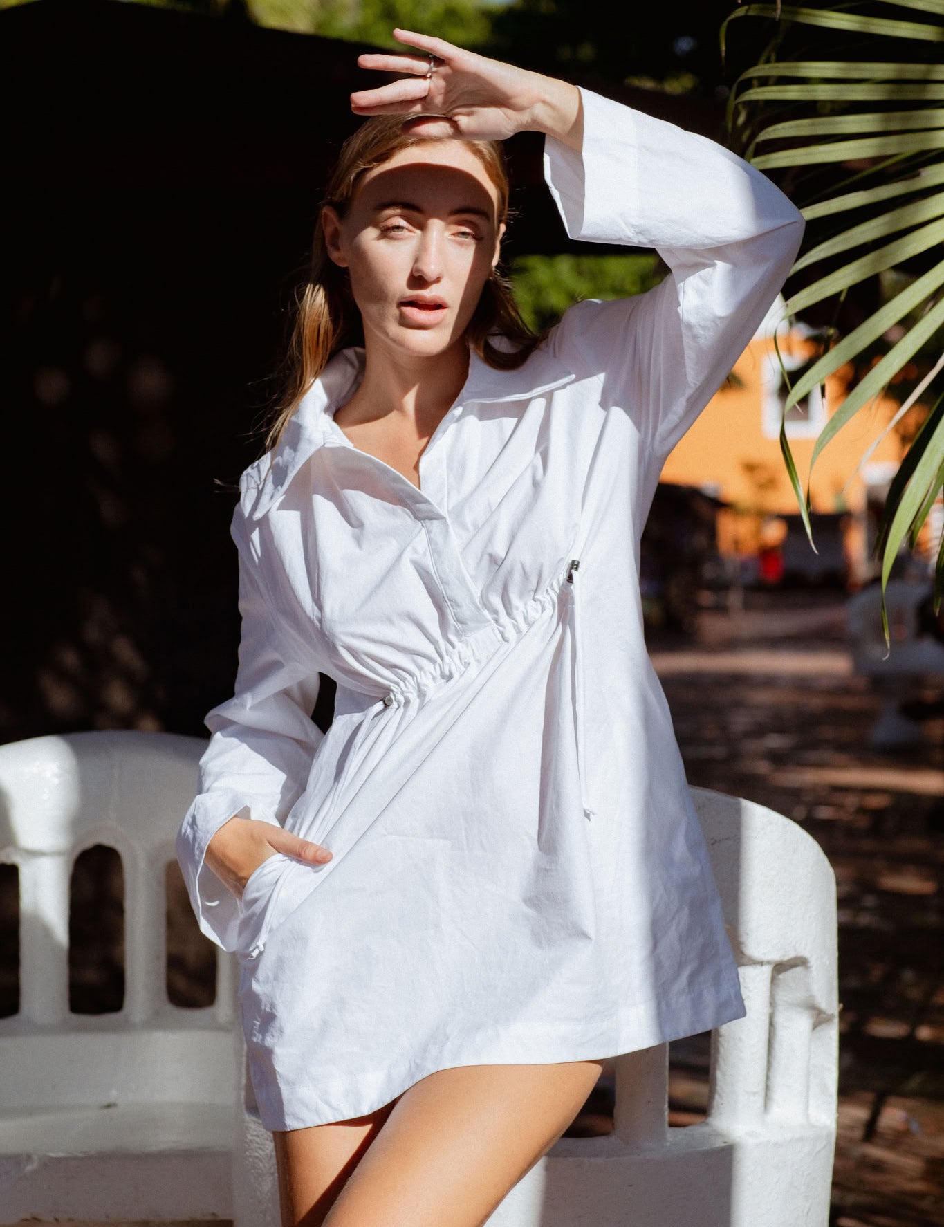 Vancouver Dress in White (Chalk) cinched waist cotton shirt dress - MAS Montréal