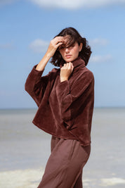 Byron Sweater in Brown (Bark) oversized velvet rib turtleneck, side view - MAS Montréal