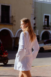 Vancouver Dress in White (Chalk) cinched waist cotton shirt dress, back view - MAS Montréal
