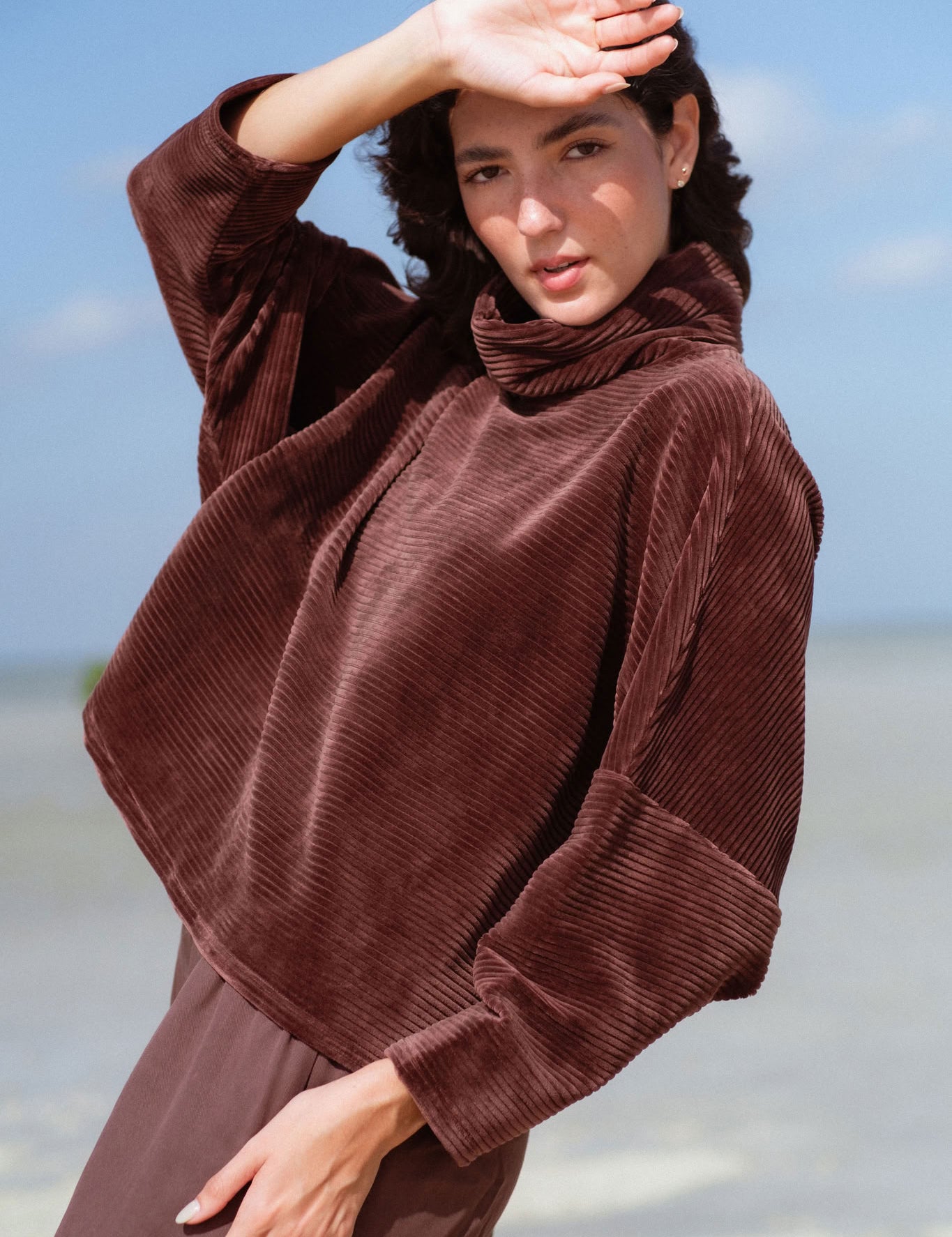 Byron Sweater in Brown (Bark) oversized velvet rib turtleneck, back view - MAS Montréal
