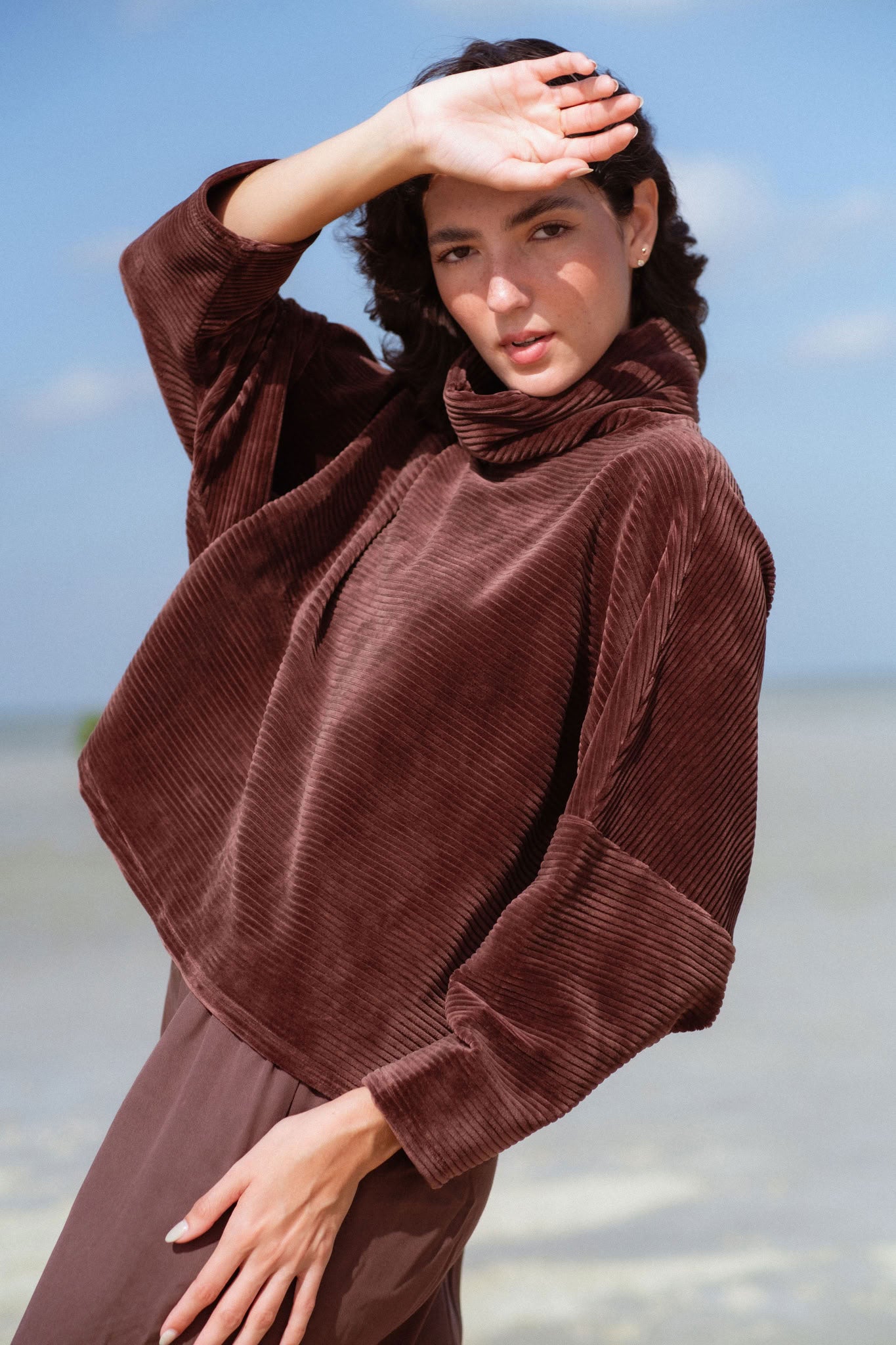 Byron Sweater in Brown (Bark) oversized velvet rib turtleneck, back view - MAS Montréal