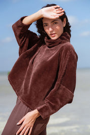 Byron Sweater in Brown (Bark) oversized velvet rib turtleneck, back view - MAS Montréal