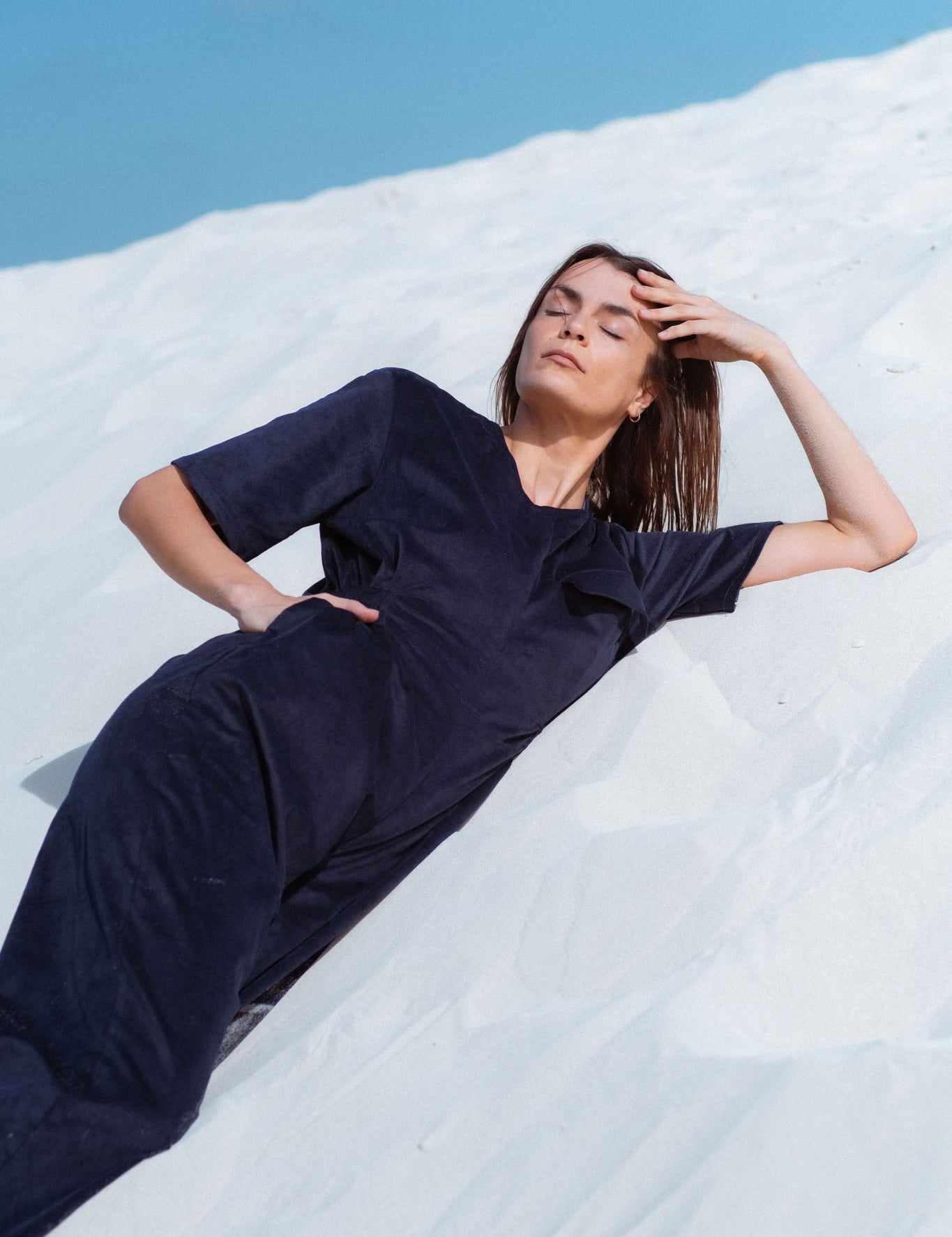 Bagan Jumpsuit in Navy (Midnight) wide leg corduroy jumpsuit, side view - MAS Montréal