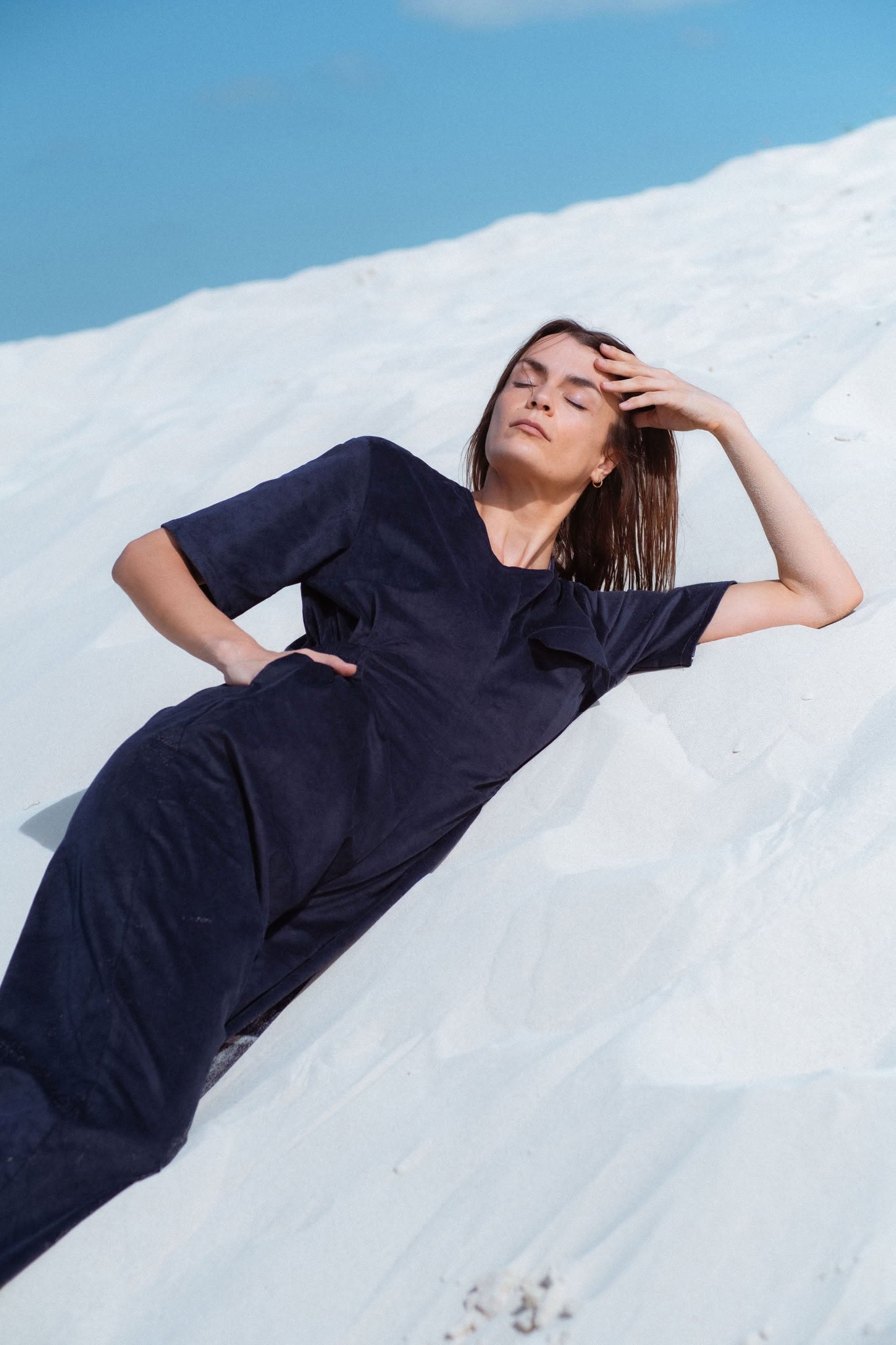 Bagan Jumpsuit in Navy (Midnight) wide leg corduroy jumpsuit, side view - MAS Montréal