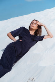 Bagan Jumpsuit in Navy (Midnight) wide leg corduroy jumpsuit, side view - MAS Montréal