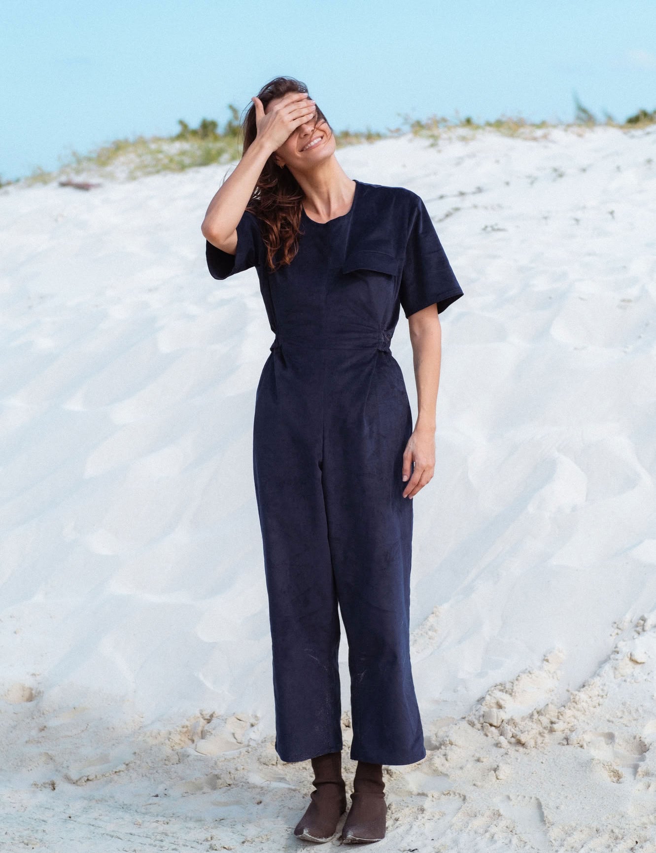 Bagan Jumpsuit in Navy (Midnight) wide leg corduroy jumpsuit, back view - MAS Montréal