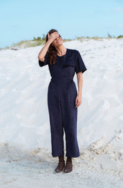 Bagan Jumpsuit in Navy (Midnight) wide leg corduroy jumpsuit, back view - MAS Montréal