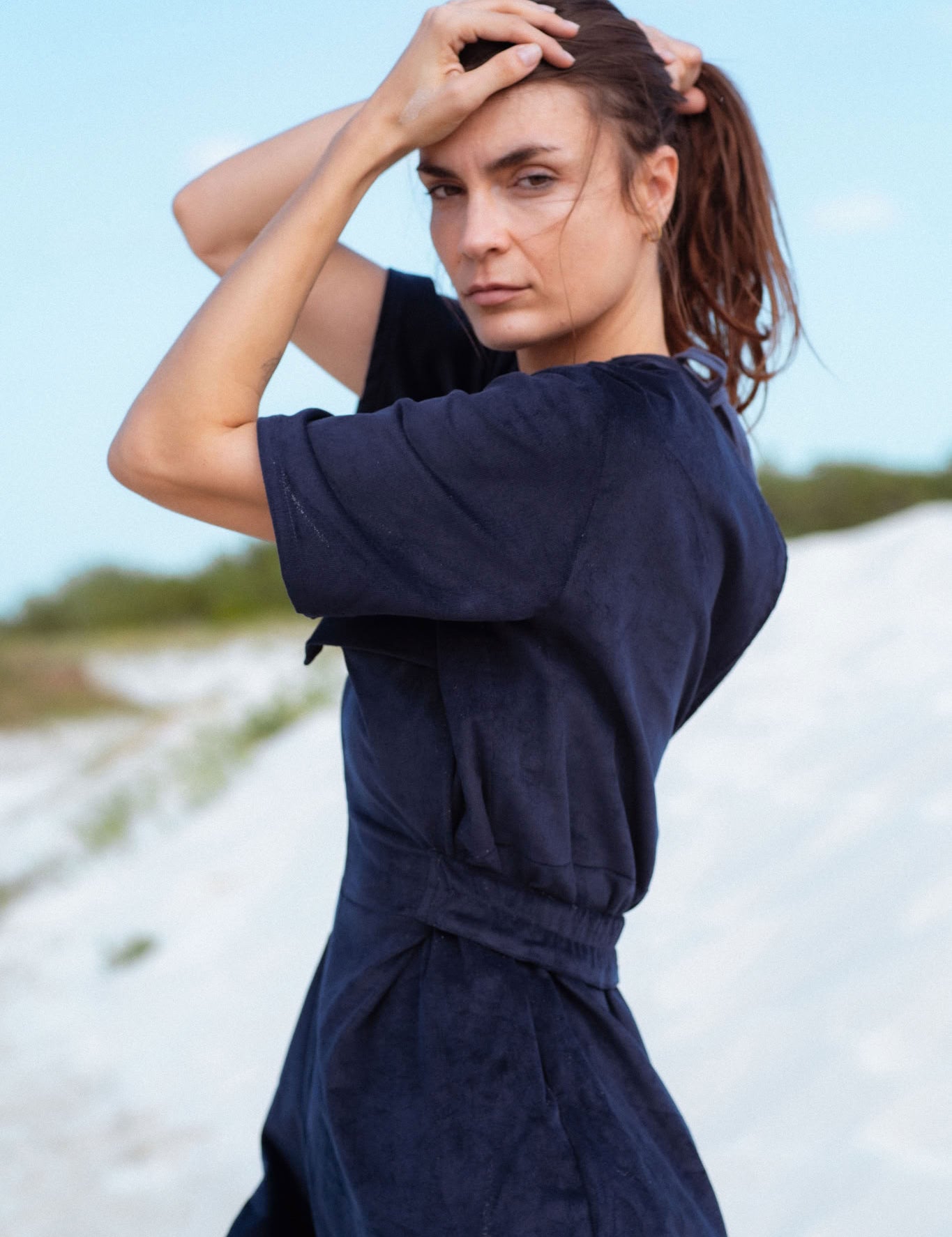 Bagan Jumpsuit in Navy (Midnight) wide leg corduroy jumpsuit, detail - MAS Montréal