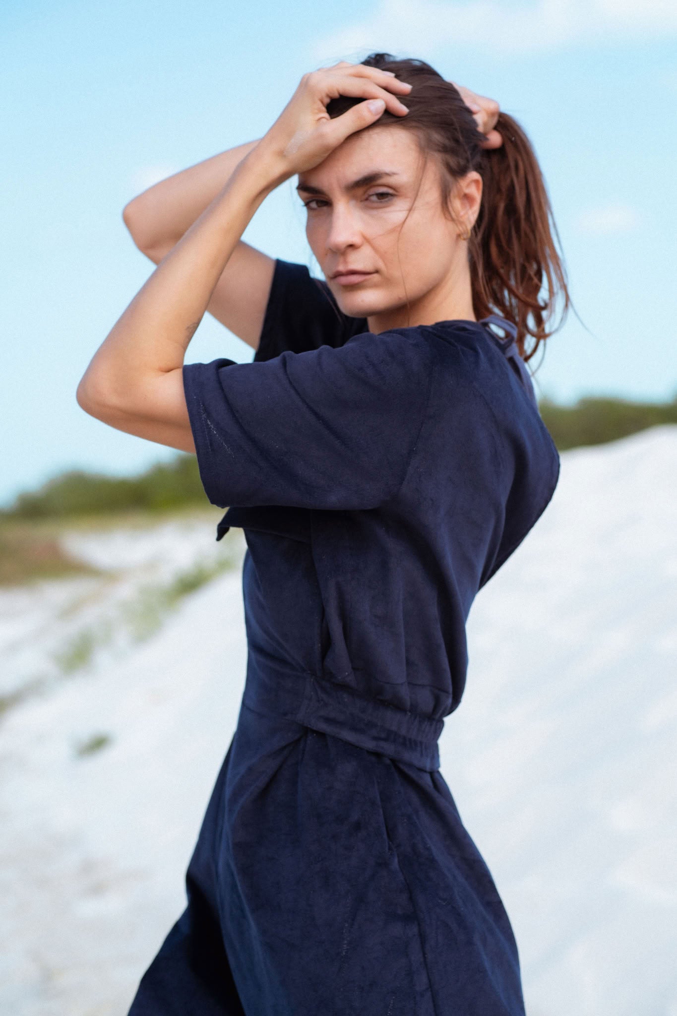 Bagan Jumpsuit in Navy (Midnight) wide leg corduroy jumpsuit, detail - MAS Montréal