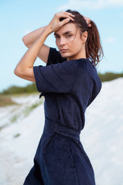 Bagan Jumpsuit in Navy (Midnight) wide leg corduroy jumpsuit, detail - MAS Montréal