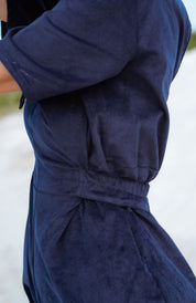 Bagan Jumpsuit in Navy (Midnight) wide leg corduroy jumpsuit, worn - MAS Montréal