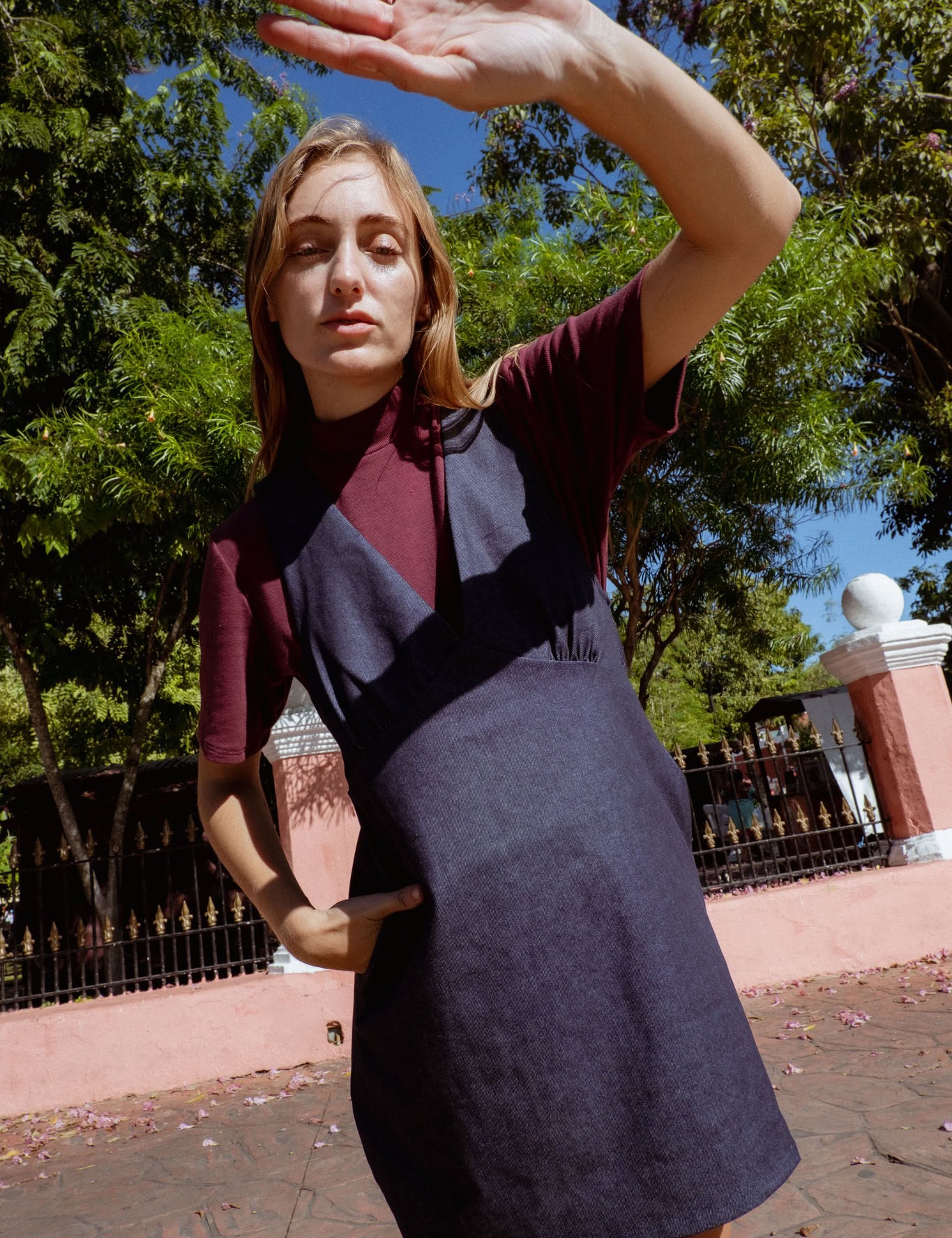 Valletta Dress in Blue Denim (Indigo Denim) deep V-neck denim mini dress - MAS Montréal