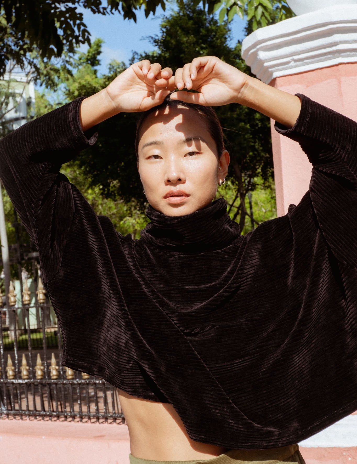 Byron Sweater in Black (Carbon) oversized velvet rib turtleneck, side view - MAS Montréal