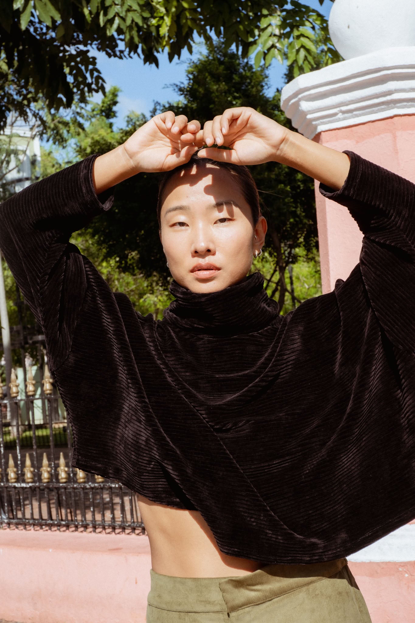 Byron Sweater in Black (Carbon) oversized velvet rib turtleneck, side view - MAS Montréal