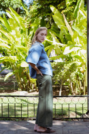 Vienna Pants in Faded Blue (Cedar) wide leg stretch denim pants, side view - MAS Montréal
