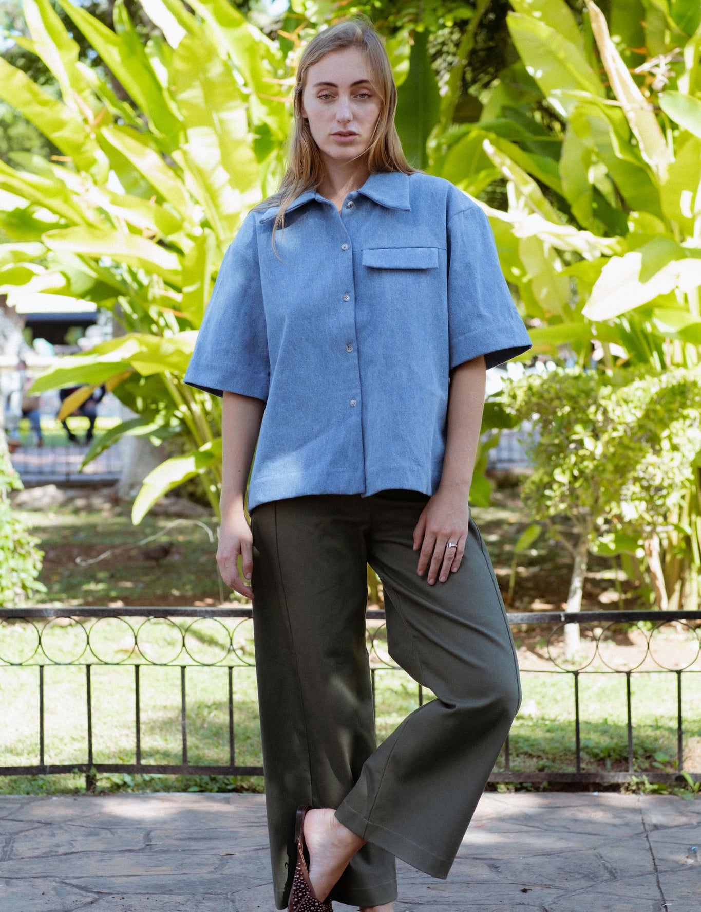 Vienna Pants in Faded Blue (Cedar) wide leg stretch denim pants, back view - MAS Montréal