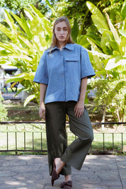 Vienna Pants in Faded Blue (Cedar) wide leg stretch denim pants, back view - MAS Montréal