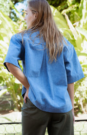 Vienna Pants in Faded Blue (Cedar) wide leg stretch denim pants, worn - MAS Montréal