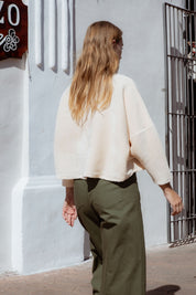 Byron Sweater in Off-White (Linen) oversized velvet rib turtleneck, detail - MAS Montréal