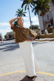 Cabo T-Shirt in Moss Green (Moss) velvet rib tee, side view - MAS Montréal