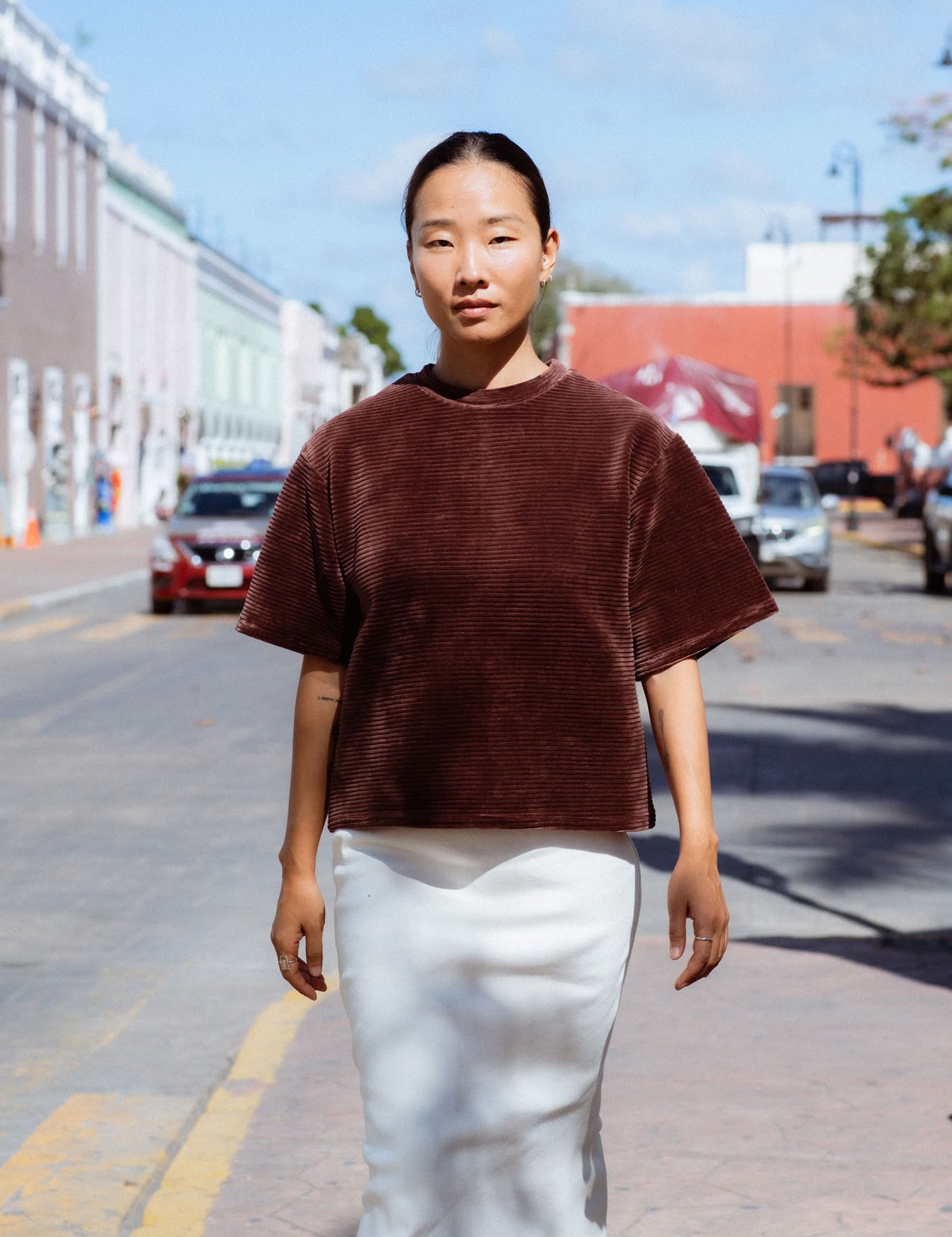 Cabo T-Shirt in Brown (Bark) velvet rib tee - MAS Montréal