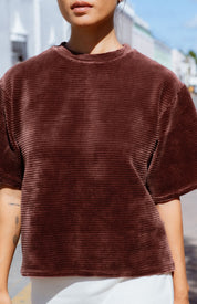 Cabo T-Shirt in Brown (Bark) velvet rib tee, side view - MAS Montréal