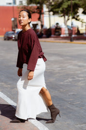 Arden Blouse in Burgundy (Mulberry) linen-cotton wrap blouse, detail - MAS Montréal