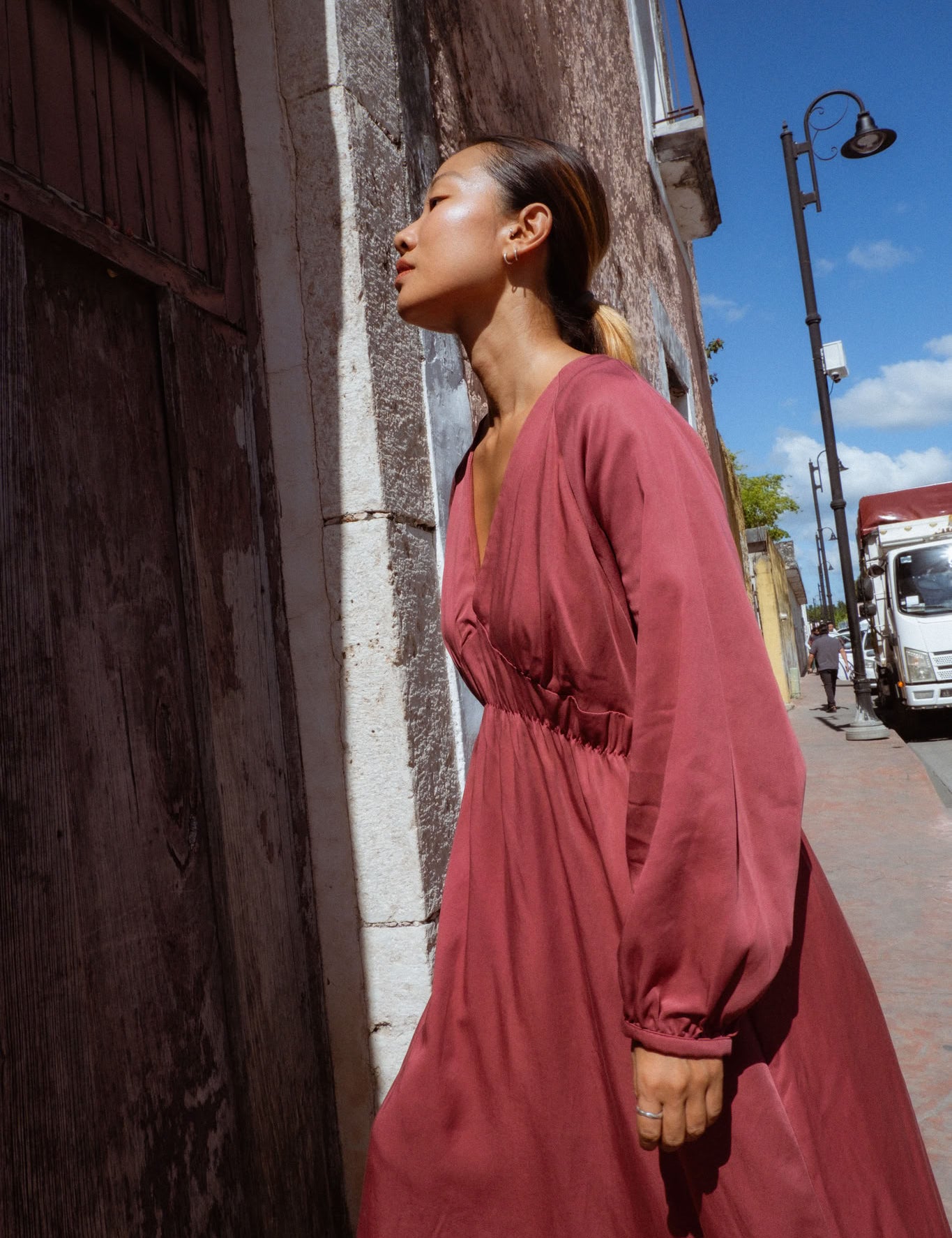Monte Dress in Dusty Rose (Bloom) V-neck lyocell midi dress - MAS Montréal