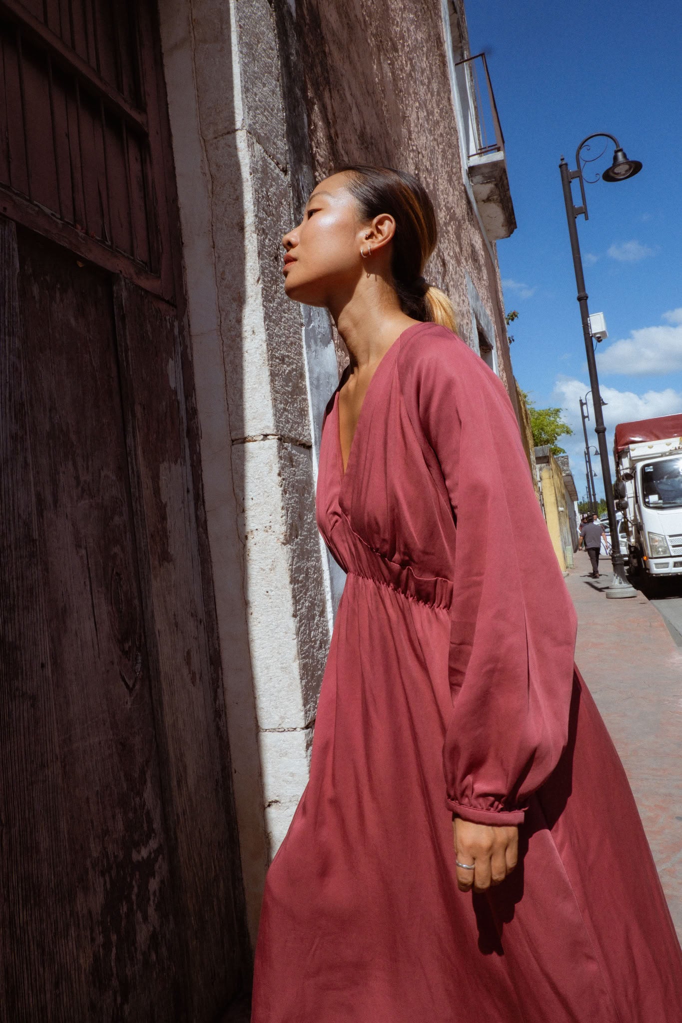Monte Dress in Dusty Rose (Bloom) V-neck lyocell midi dress - MAS Montréal