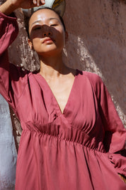 Monte Dress in Dusty Rose (Bloom) V-neck lyocell midi dress, side view - MAS Montréal