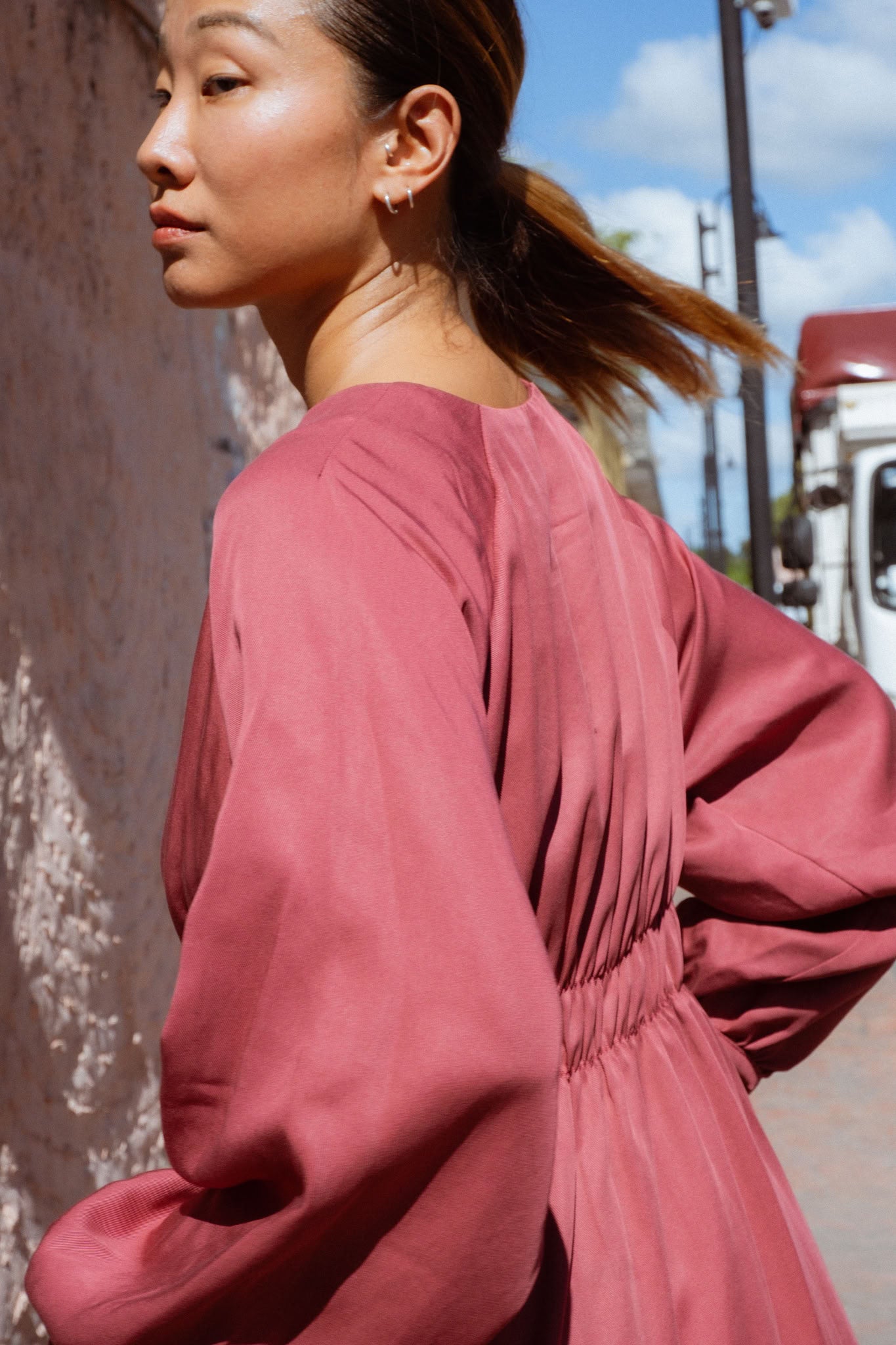 Monte Dress in Dusty Rose (Bloom) V-neck lyocell midi dress, back view - MAS Montréal
