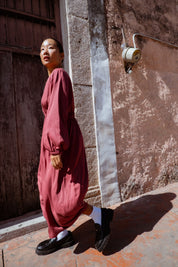 Monte Dress in Dusty Rose (Bloom) V-neck lyocell midi dress, worn - MAS Montréal
