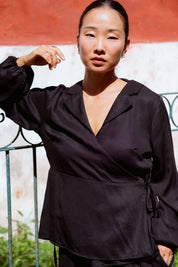 Skelling Blouse in Black (Carbon) wrap-front lyocell blouse, back view - MAS Montréal